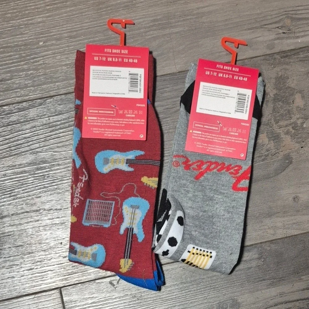 Fender Guitar Crew Socks 2 Pair Set Mens Shoe Size 7-12 Red Grey Rock Music New